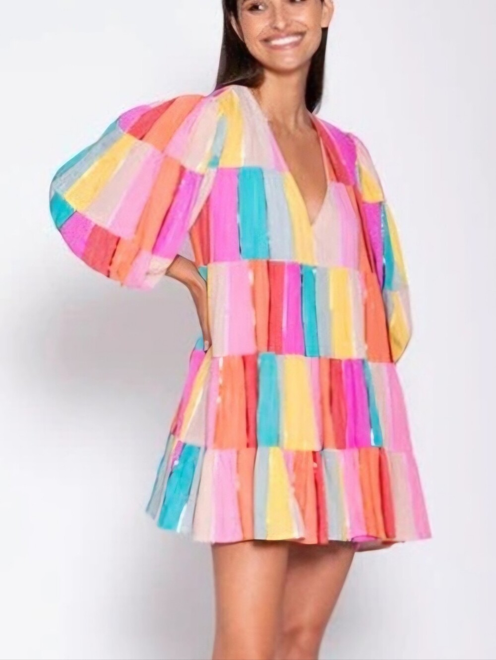 Sundress Salvador Rainbow Sequin Tier Mini Dress Boho Resort Revolve NWOT L/XL